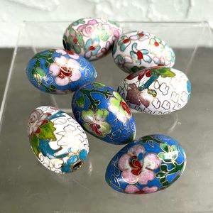 Vintage Asian Enameled Floral Cloisonné Eggs Set (of 7)
